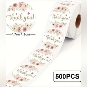 Floral "Thank You" Stickers Roll, 500 roll, New